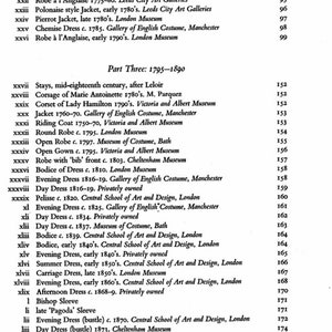 May include: A black and white text document with a list of clothing styles and their corresponding page numbers. The document is titled "Cutting Diagrams" and "Part Three: 1795-1890".