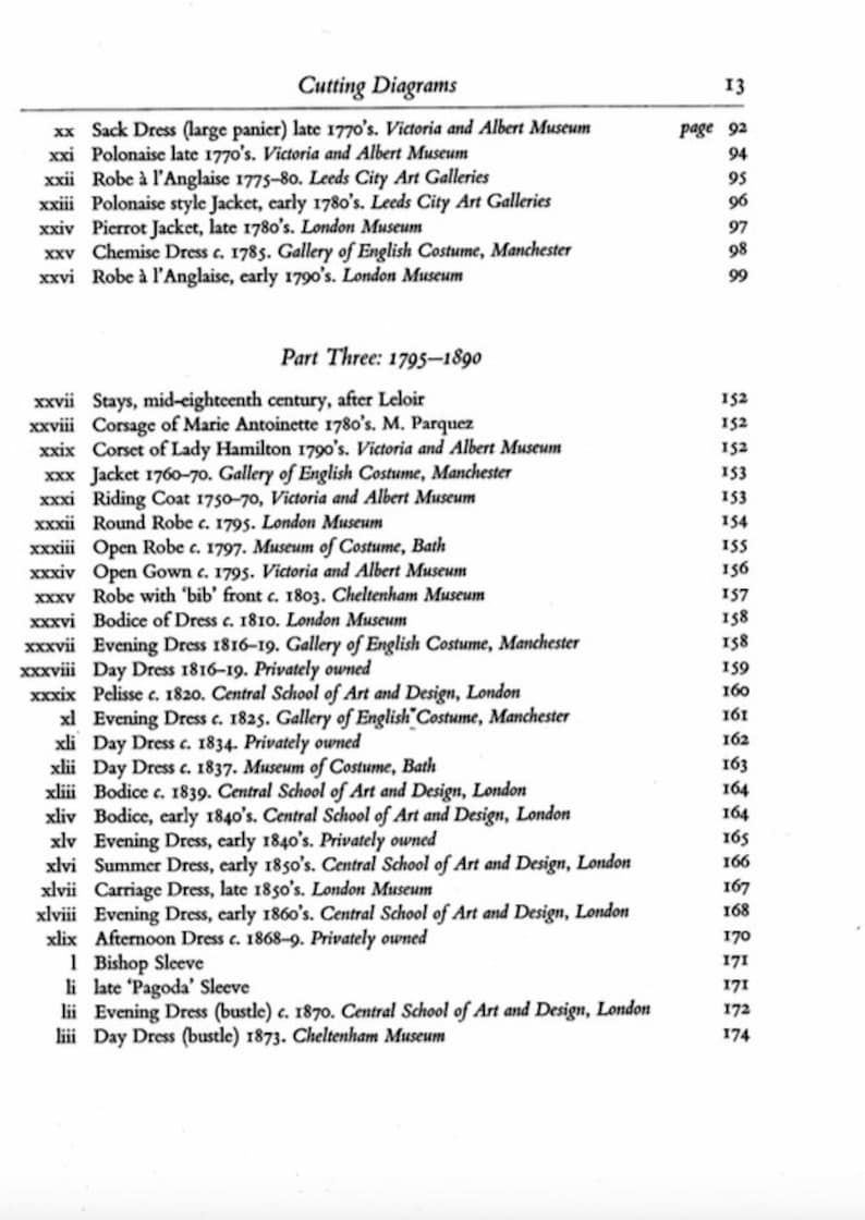 May include: A black and white text document with a list of clothing styles and their corresponding page numbers. The document is titled "Cutting Diagrams" and "Part Three: 1795-1890".