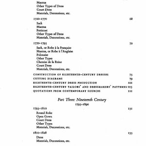 May include: A black and white page from a book titled "Contents" with a list of clothing styles and dates from the 18th and 19th centuries. The book lists styles such as Mantua, Sack, Robe &agrave; la Fran&ccedil;aise, and Polonaise.
