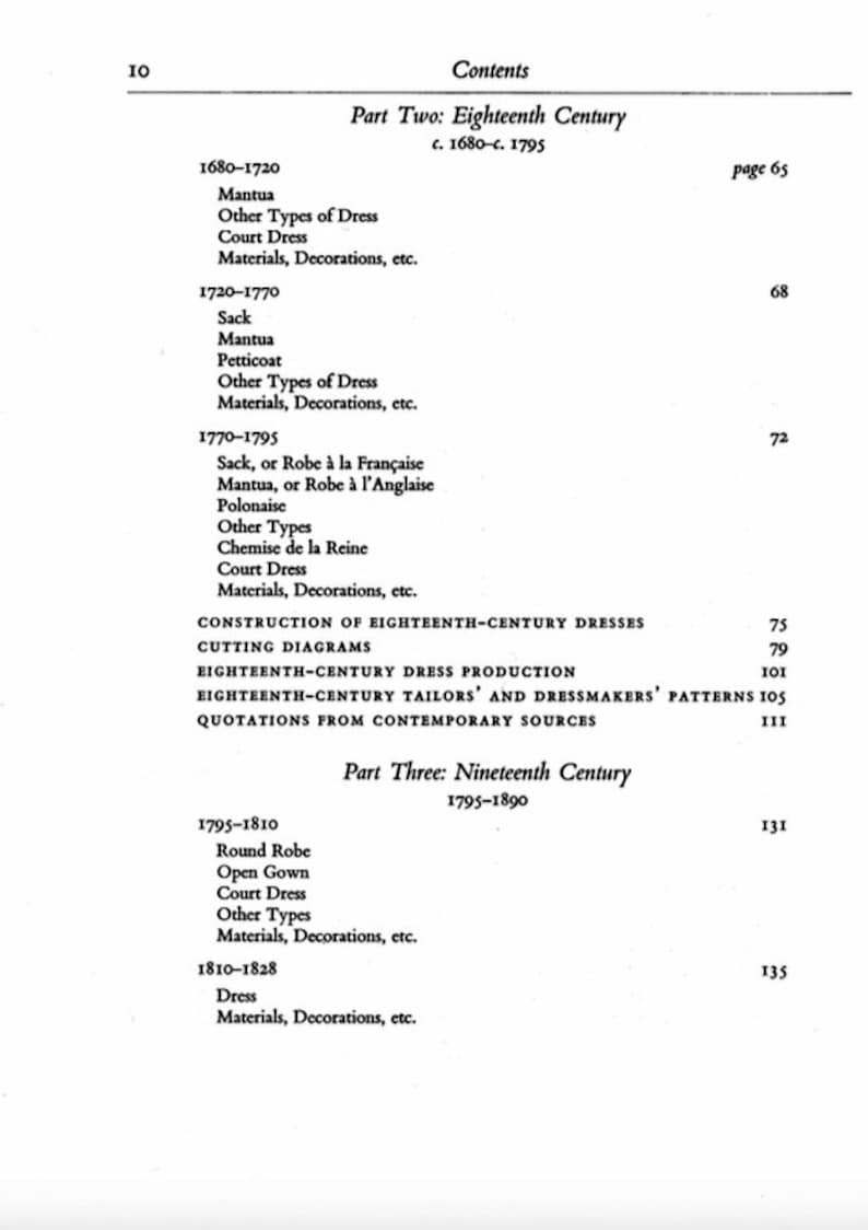 May include: A black and white page from a book titled "Contents" with a list of clothing styles and dates from the 18th and 19th centuries. The book lists styles such as Mantua, Sack, Robe &agrave; la Fran&ccedil;aise, and Polonaise.