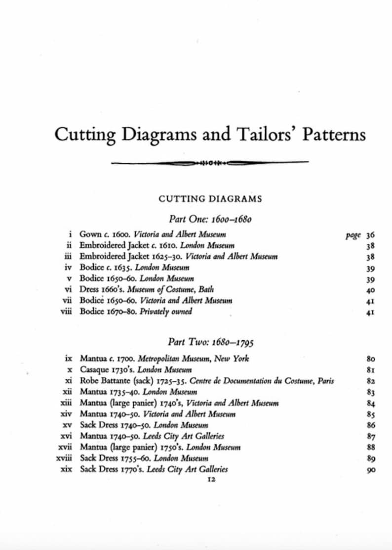 May include: A black and white page with the title "Cutting Diagrams and Tailors' Patterns". The page lists different types of clothing, their dates, and the museums where they are located. The page is divided into two sections: "Part One: 1600-1680" and "Part Two: 1680-1795".