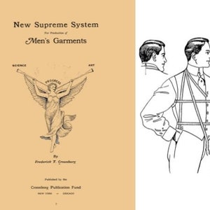 Pode incluir: Uma ilustração em preto e branco de um homem vestindo uma roupa com um sistema complexo de tiras e laços. A ilustração é de um livro intitulado "New Supreme System for Production of Men's Garments" de Frederick T. Croonborg, publicado pelo Croonborg Publication Fund.