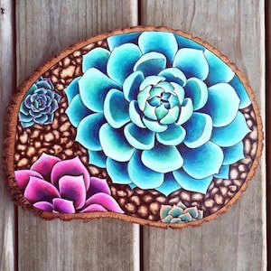 Medium Hand Painted Succulents | Wood Burning Art | Art on Wood | Succulent Wall Hanging | Paint on Wood | Pyrography Cactus | Wall Art