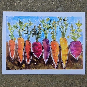 May include: Watercolor painting of colorful carrots with green tops against a blue sky background. The carrots are in shades of orange, yellow, and purple, with a brown soil base and small yellow stars.