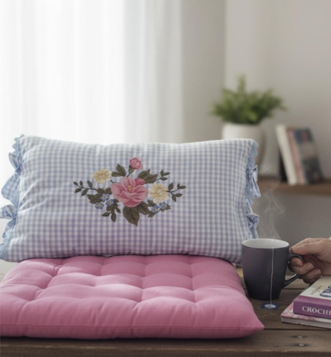 Grand Coussin Shabby Chic – Patchwork Rose Pastel – Coton – NEUF