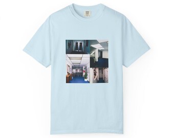 Camiseta de los años 80 con estampado de espacios liminales, fotos vintage auténticas y un diseño nostálgico de trastiendas.