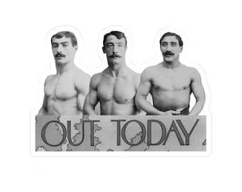 Pegatina Vintage Strongmen 'Out Today' / Arte Gay Retro / Pegatina de Chico Sexy / Físico Masculino /