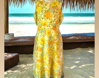 Vestido floral amarillo de primavera de los años 70