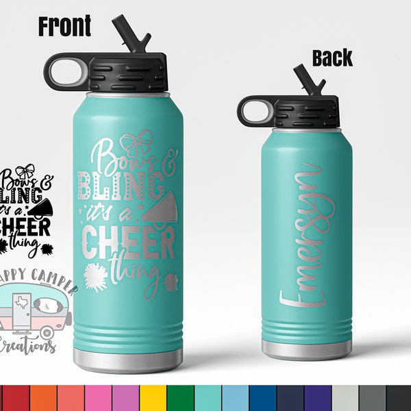 32 oz Cheer Sports Bottle - Bows & Bling It's a Cheer Thing | Custom Laser Engraved Polar Camel Double Wall Water No Spill | Team Coach Gift