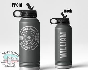 32 oz Corn Hole Champion Sports Bottle | Tournament Trophy Award - Custom Laser Engraved Polar Camel Insulated Water Bottle | Bag Toss Gift