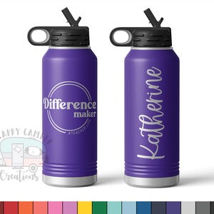 May include: Two purple water bottles with black lids and straws. One bottle has the text "Difference maker" inside a circle, with "#teacher life" below. The other bottle has the name "Katherine" in a script font.