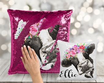 Floral Cow Custom Sequin Pillow INCLUDES CUSHION INSERT - Cute Flowers Girly Pink Moo Dairy Cow Personalized Mermaid Pillow