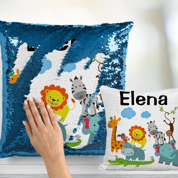 Baby Safari Animals Personalized Sequin Pillow INCLUDES CUSHION INSERT - Custom Two Tone Flip Sequence Mermaid Pillow