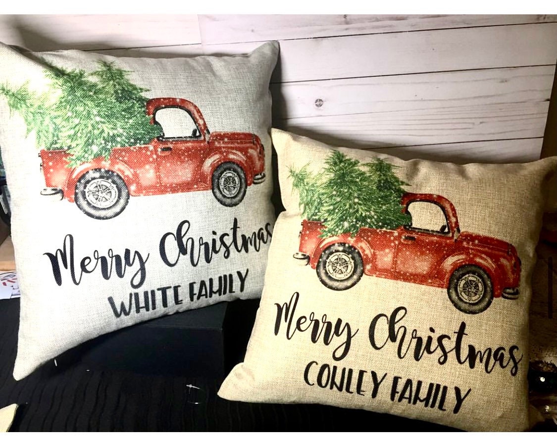 Red Truck Christmas Throw Pillow Family Christmas Pillow Family Name  Decorative Pillow Holiday Gift Pillow and insert included P153