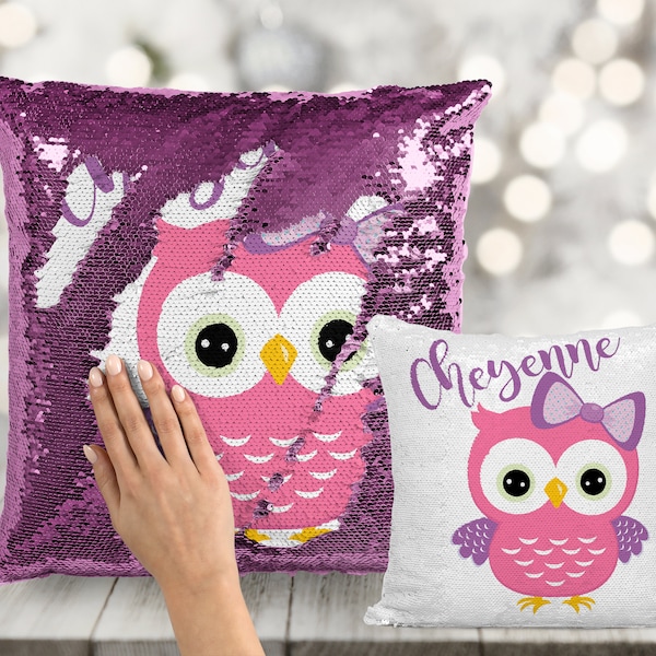 Pink Owl with Bow Custom Sequin Pillow INCLUDES INSERT CUSHION - Personalized Girls Owl Mermaid Pillow