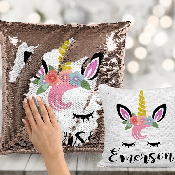 Unicorn Face Custom Sequin Pillow- INCLUDES CUSHION INSERT - Personalized Mermaid Pillow