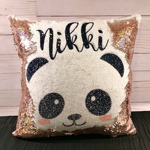 Panda Bear Custom Mermaid Pillow Two Tone Sequin Pillow - Panda Bear Bedroom Theme Throw Pillow Decor