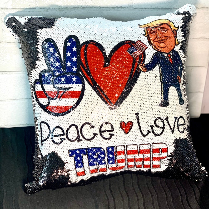 Donald Trump Peace Love Trump Custom Mermaid Pillow Two Tone Sequin Flip INCLUDES INSERT