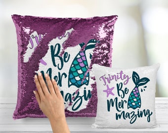 Be Mermazing Custom Mermaid Sequin Pillow - Magenta Purple Sequence Flip Mermaze