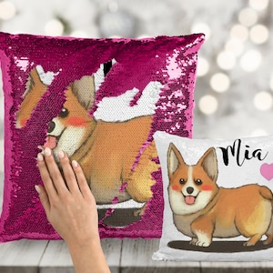 Corgi Custom Sequin Pillow INCLUDES CUSHION INSERT - Personalized Dog Corgy Mermaid Pillow