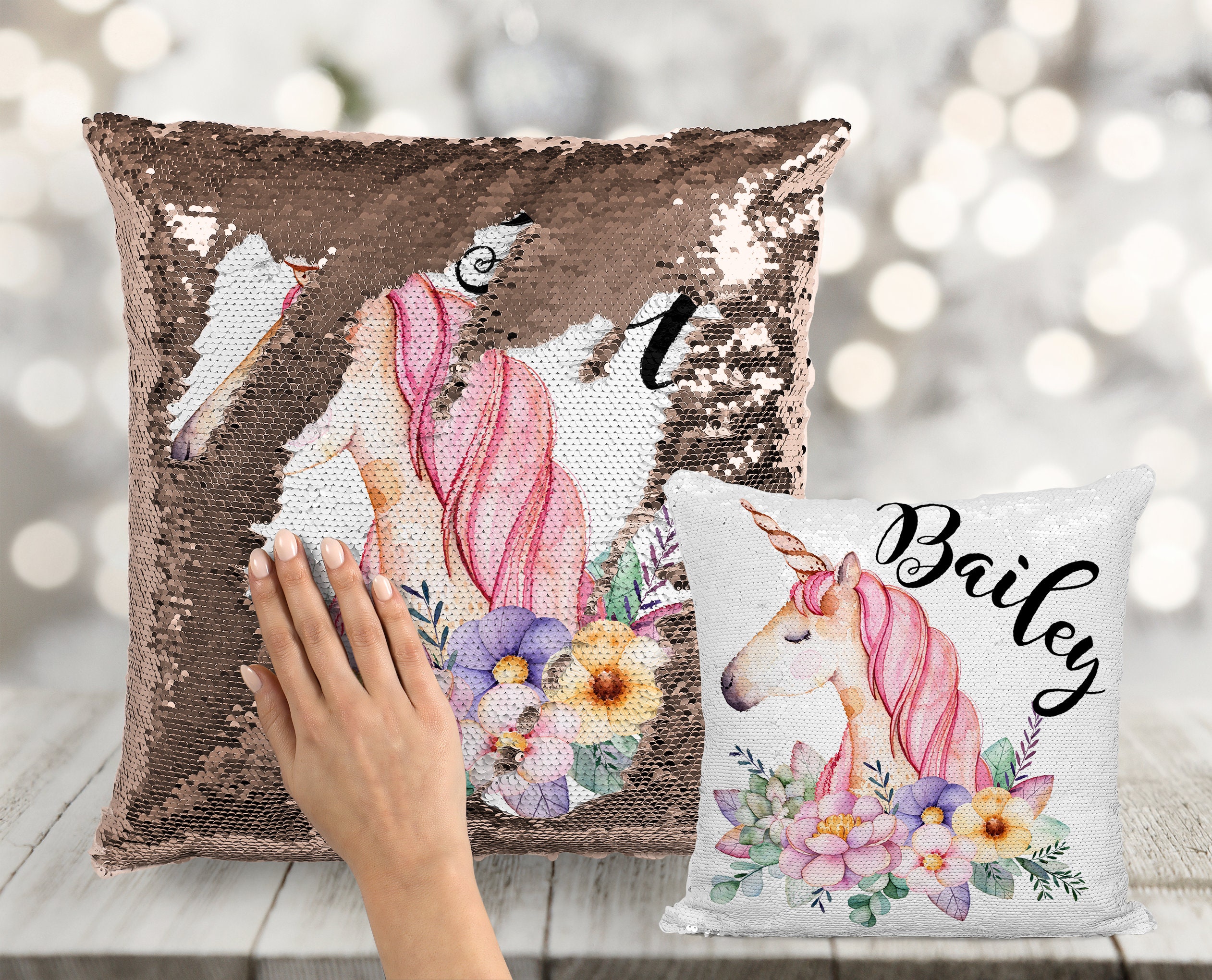 Floral Unicorn Custom Sequin Pillow INCLUDES INSERT CUSHION Personalized Unicorn Mermaid Pillow Etsy