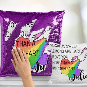 Unicorn Farts Poem Sequin Pillow - INCLUDES INSERT CUSHION - Personalized Valentines Day Mermaid Pillow Roses are Red