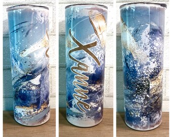 Silver Blue Glitter Abstract Marble 20oz Skinny Tumbler - Double Wall Stainless Steel - Personalized w/ Name - 26 - NOT Epoxy