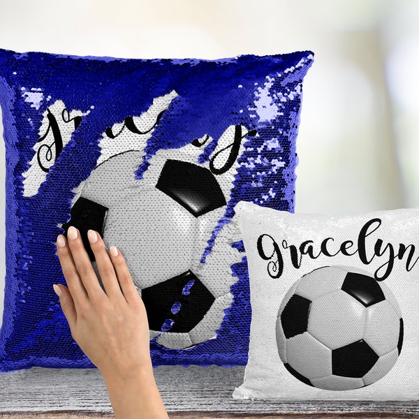 Soccer Ball Custom Mermaid Pillow Two Tone Sequins - Script / Cursive or Block Font - Team Gifts