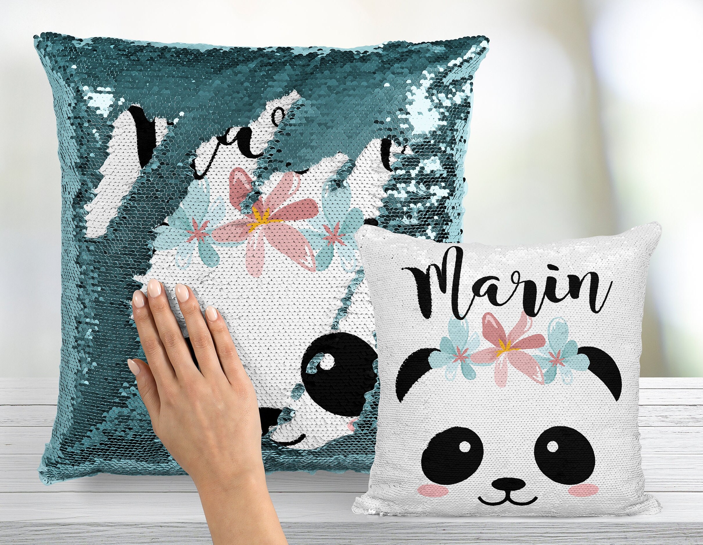 Panda Bear With Floral Crown Custom Mermaid Pillow Two Tone