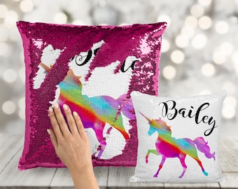 Rainbow Pattern Unicorn Custom Sequin Pillow- INCLUDES CUSHION INSERT - Personalized Cute Hot Pink Purple Mermaid Pillow