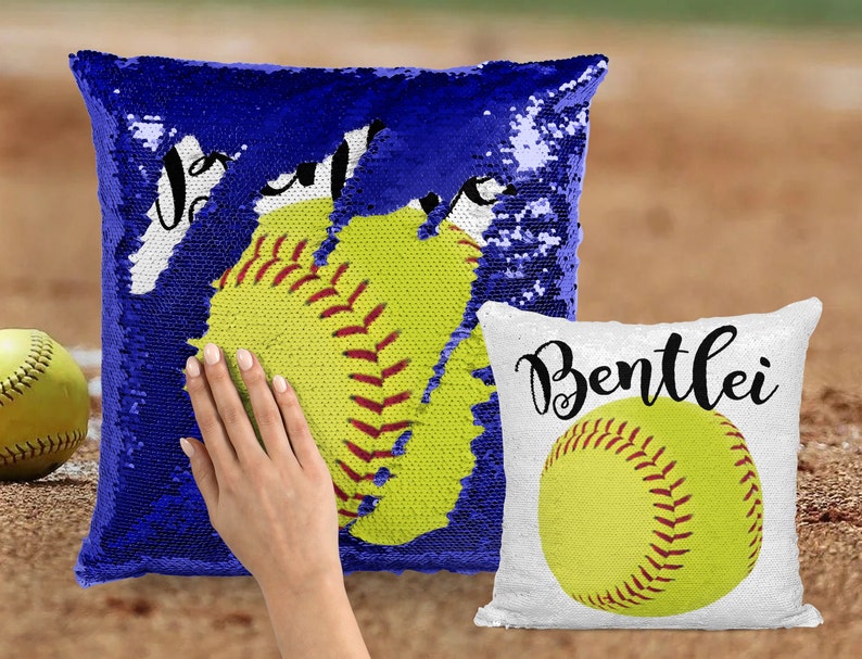 Softball Girl Custom Mermaid Pillow Two Tone Sequins image 1