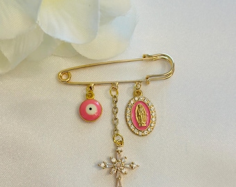 Pink Evil Eye with Cross and Pink Virgin Mary Pregnancy Protection Pin