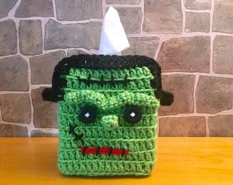 Crocheted Halloween Frankenstein Head Monster Tissue Box Cover - Handmade Gifts - Decorations Holiday Decor - FREE SHIPPING