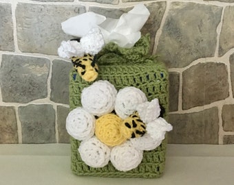 Crochet Flower and Bumble Bee Tissue Box Cover - Handmade Gifts - Decorations Holiday Home and Office Decor - FREE SHIPPING