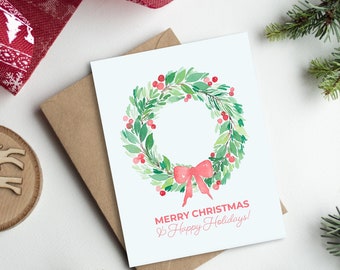 Watercolor Wreath Christmas Card | Cute Greeting Card | 4.25" x 5.5" Folded Card | Envelope | Blank Inside | Designed in Los Angeles