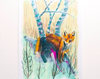 Original Fox Under Silver Birch Gouache and Pencil Illustration (Size A4)