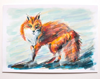 Original Fox After The Storm Gouache and Pencil Illustration (Size A4)