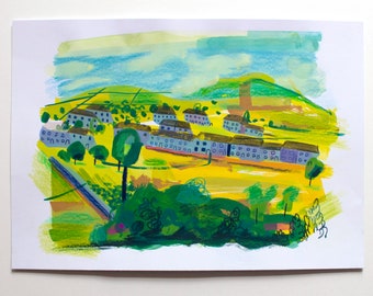 Original Hazy Summer Yorkshire Village (Marsden) Gouache and Pencil Illustration (Size A4)