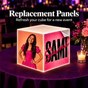 May include: A glowing cube display featuring replacement panels. One side shows a photograph of a person in a pink dress, while the adjacent side displays the name SAMI in bold black letters. The text Replacement Panels Refresh your cube for a new event is visible above the cube.