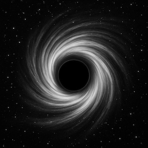 Può includere: Illustrazione digitale in bianco e nero di un buco nero nello spazio. Il buco nero è circondato da materia bianca e grigia vorticosa, con uno sfondo di cielo notturno stellato.