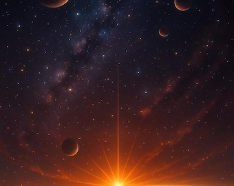 Kosmisk soluppgångstryck: Sci-fi-planetlandskap, galaxväggkonst (digitalt)