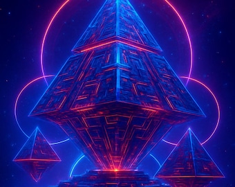 Digitale kunstdruk futuristisch neonpiramidecomplex — Cosmic Sci-Fi Art
