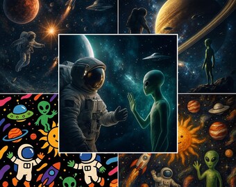 May include: A collage of space-themed illustrations. Astronauts, aliens, planets, rockets, and UFOs are depicted against a backdrop of stars and galaxies. The artwork features a mix of realistic and cartoonish styles, with vibrant colors and detailed imagery.