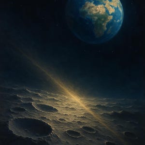 May include: An artistic rendering of the Earth in space, with a detailed view of the moon's surface. The Earth is a blue and brown sphere, and the moon's surface is gray with craters. A beam of light shines across the moon.