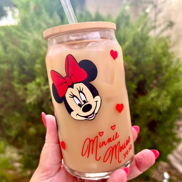 Minnie Mouse glass can// Minnie Mouse inspired glass// Minnie Mouse inspired cup//Disney glass can// Minnie Mouse coffee cup