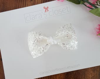 White Glitter Bow, White Baby Bow, White Glitter Baby Bow, White Sparkle Bow, White Bow, White Glitter Bow Headband, Baby Bow Headband