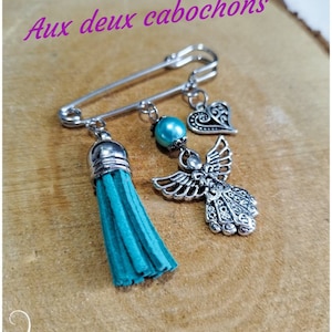 Jewel Brooch safety pin guardian angel, protection blue green pompom heart charm in stainless steel silver metal color