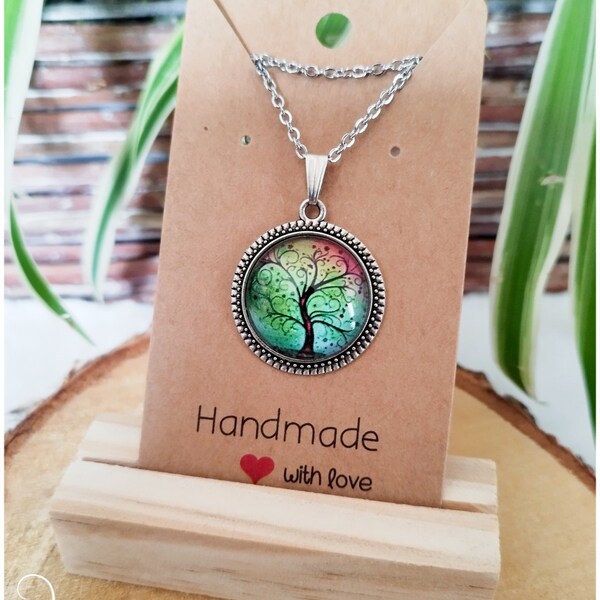 Bijou Collier arbre de vie sous verre avec pendentif rond cabochon en verre arbre de vie porte bonheur finition étoile.