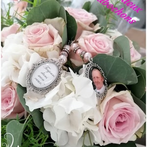 Medallion souvenir photo memorial tribute with baroque oval support. pearls and ribbon of your choice jewel bridal bouquet Wedding wedding