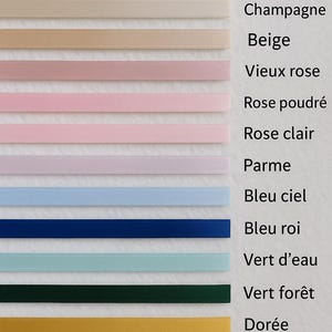 May include: A selection of colorful ribbons in various shades, including black, white, beige, pink, blue, green, gold, red, and burgundy. Each ribbon is labeled with its color name in a vertical list.